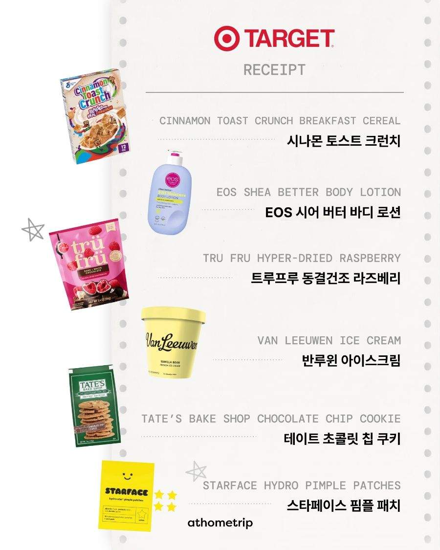 영수증과 함께 놓인 시나몬 토스트 크런치, EOS 시어 버터 바디 로션, 트루프루 동결건조 라즈베리, 테이트 초콜릿 칩 쿠키, 스타페이스 핌플 패치