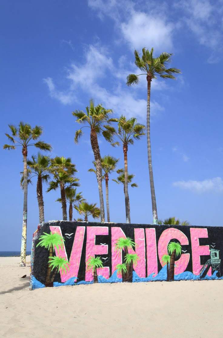 VENICE 문구가 적힌 간판과 해변, 팜트리가 보이는 자연 풍경