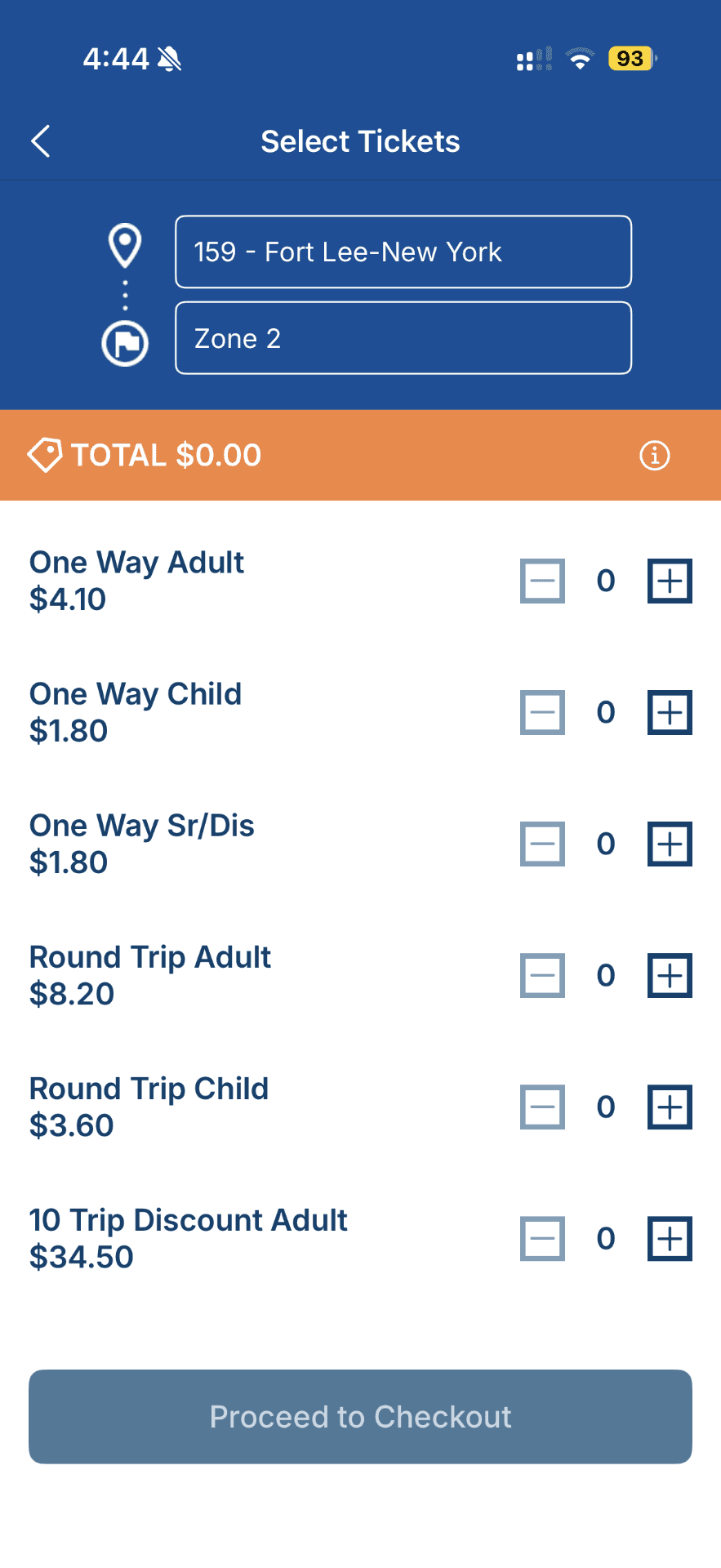 Select Tickets 문구와 함께 출발지, 도착지 입력란 및 티켓 유형 목록이 보이는 모바일 앱 화면