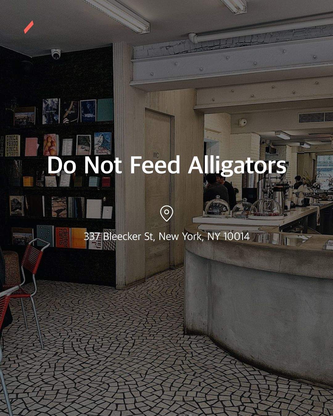 Do Not Feed Alligators 매장의 타일 벽면과 카운터 및 의자