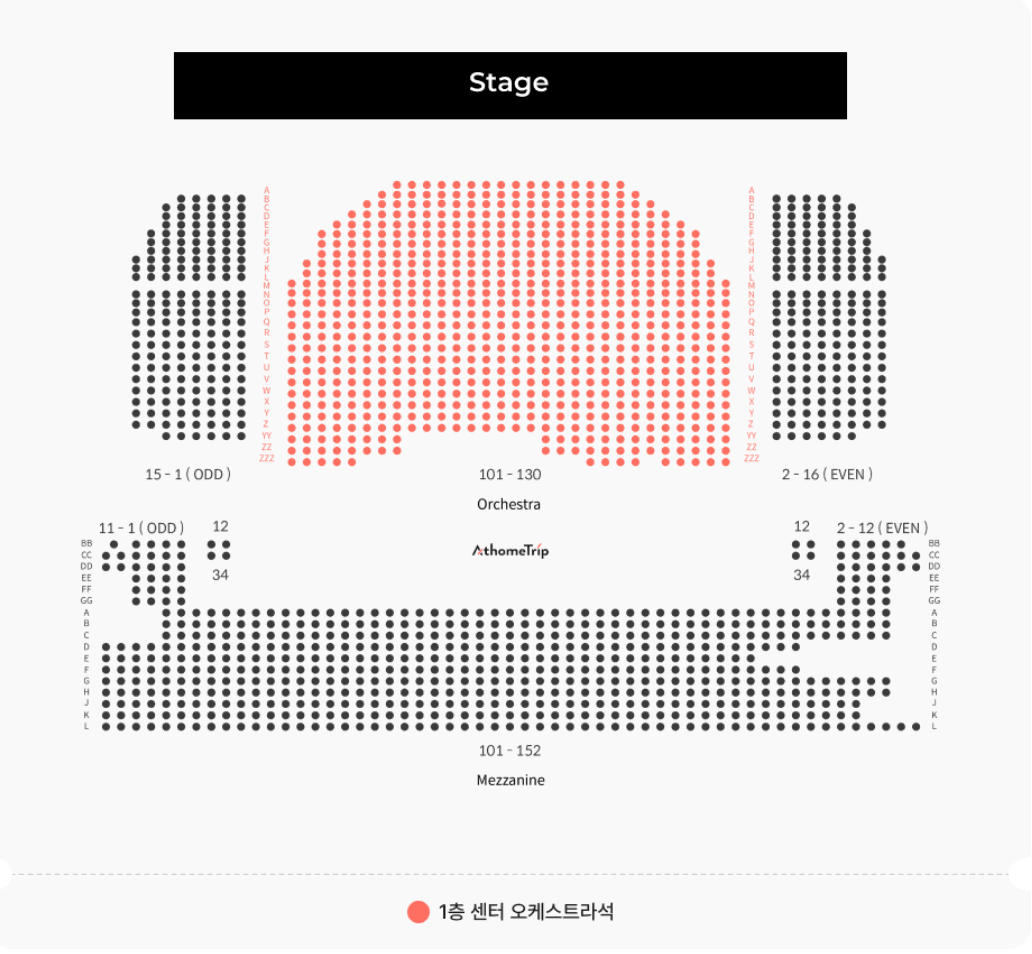 Orchestra와 Mezzanine 구역 및 1층 센터 오케스트라석이 표시된 좌석 배치도 도표