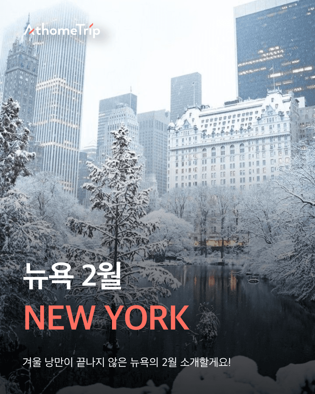 눈이 쌓인 나무와 건물이 보이는 뉴욕 도시의 실외 전경