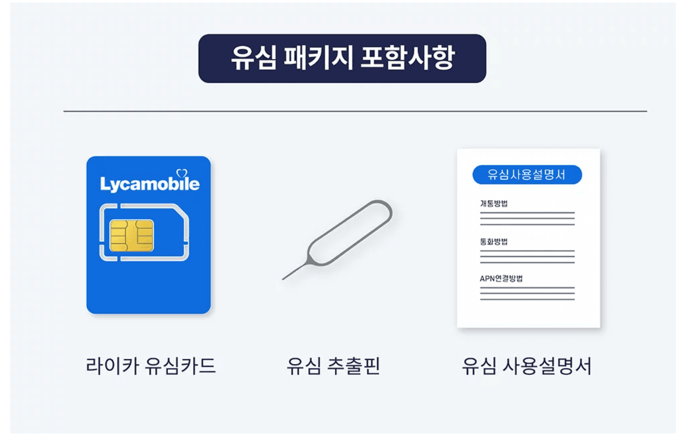 유심 카드, 유심 추출 핀, 유심 사용설명서가 함께 놓인 사진
