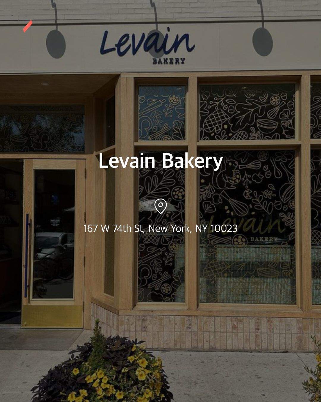 꽃과 함께 보이는 Levain Bakery 건물의 외관